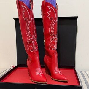 Knee High Cowboy Boots for Women Pointed Toe Red Vegan Leather Embroidered